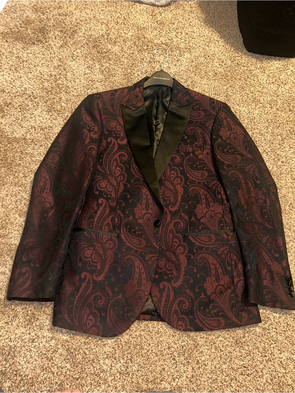Black and Burgundy Paisley Sport Coat with Satin Lapel